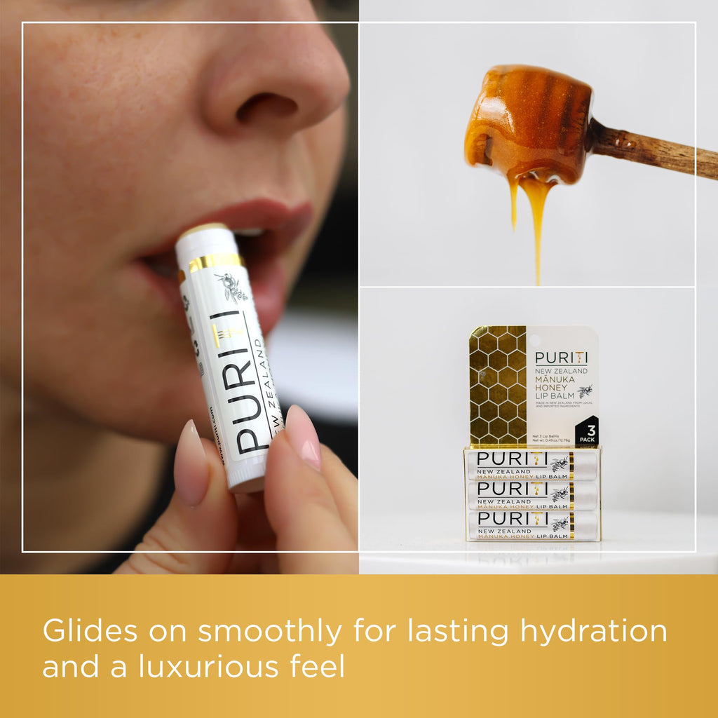 PURITI Manuka Honey Lip Balm – 3pack Soothing & Moisturizing, Enriched with Almond