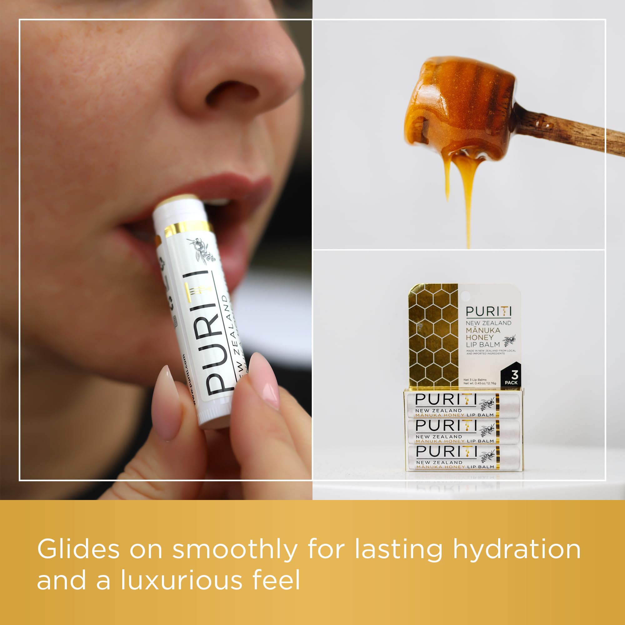 PURITI Manuka Honey Lip Balm – 3pack Soothing & Moisturizing, Enriched with Almond