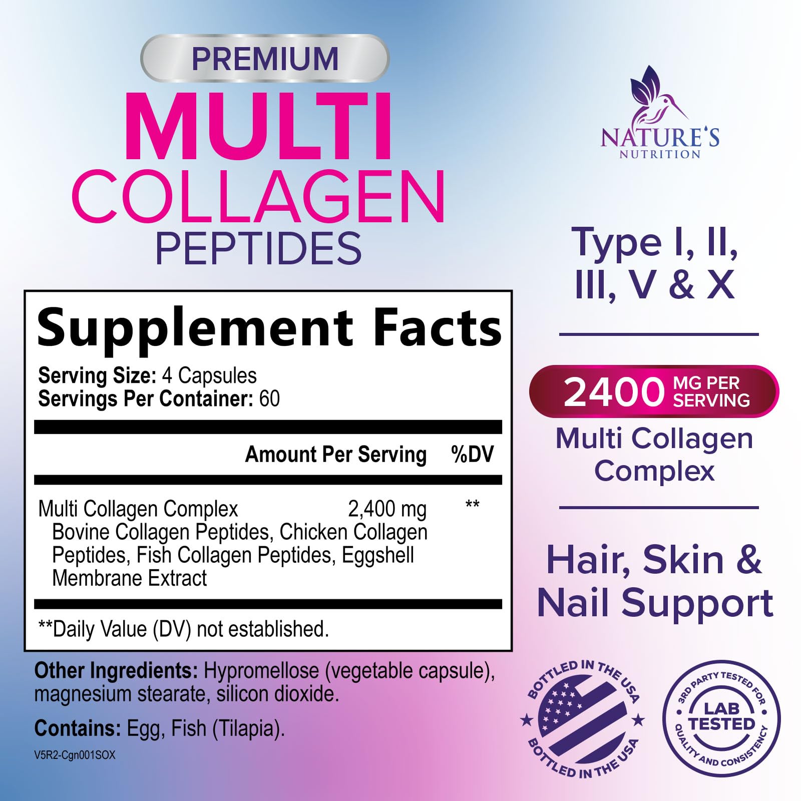Multi Collagen Pills - Multi Collagen Complex 2400 mg Per Serving - Types I, II, III, V, X - Hydrolyzed Collagen Peptides Supplement - Hair, Skin & Nail Support