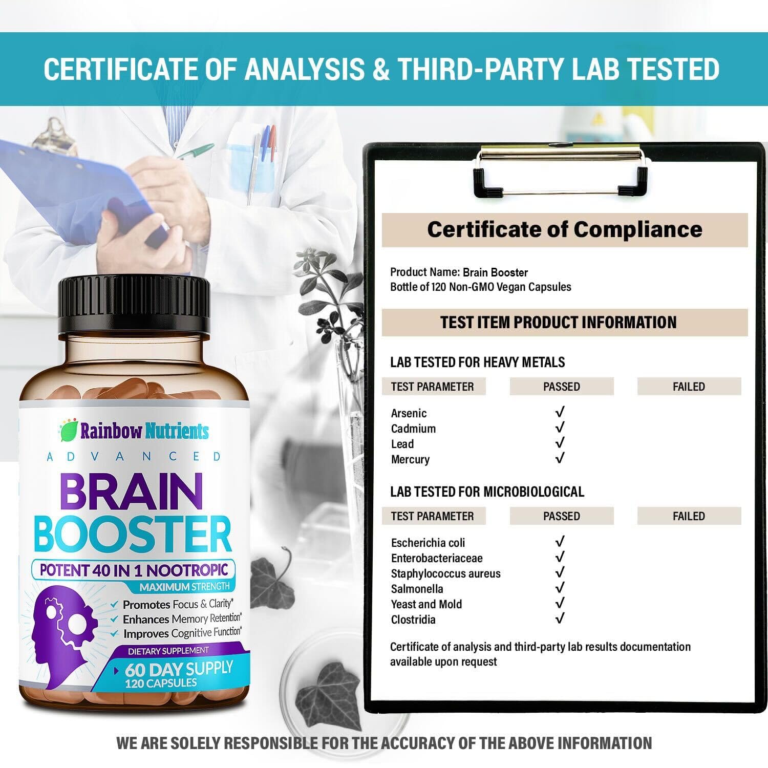 40-in-1 Brain Booster Supplements for Memory, Focus, Clarity, Energy, Performance | Natural Nootropic Brain Support Supplement with DMAE, Bacopa Monnieri & More | For Men & Women | 120 V Capsules Rainbow Nutrients, LLC Au supplements