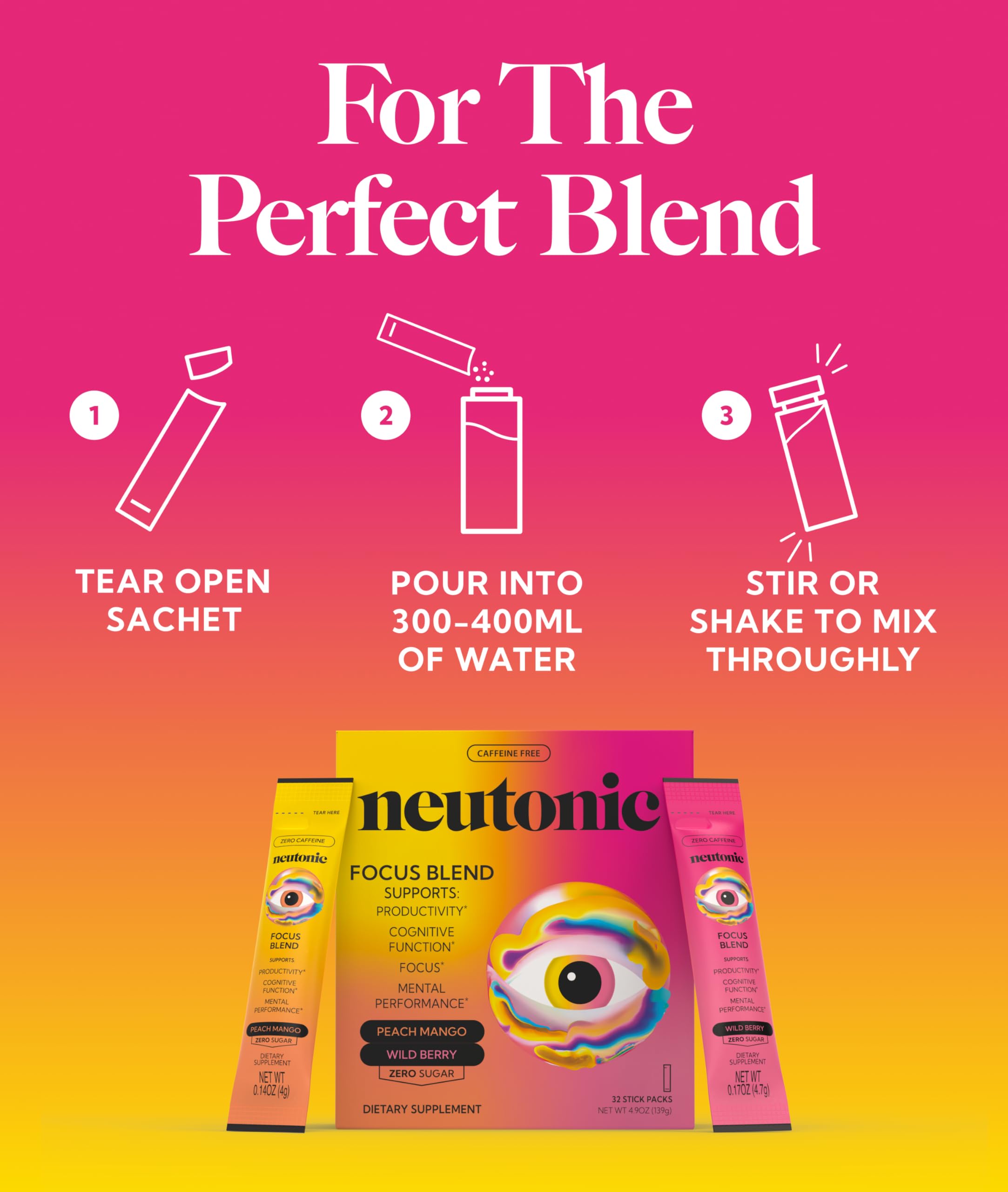 Neutonic Nootropic Focus Blend Powder | Peach Mango & Wild Berry 32 Sticks | Caffeine Free, Zero Sugar | Support Memory, Mental Clarity, Cognitive Function | Boost Focus, Energy, Brain Health Neutonic Au supplements