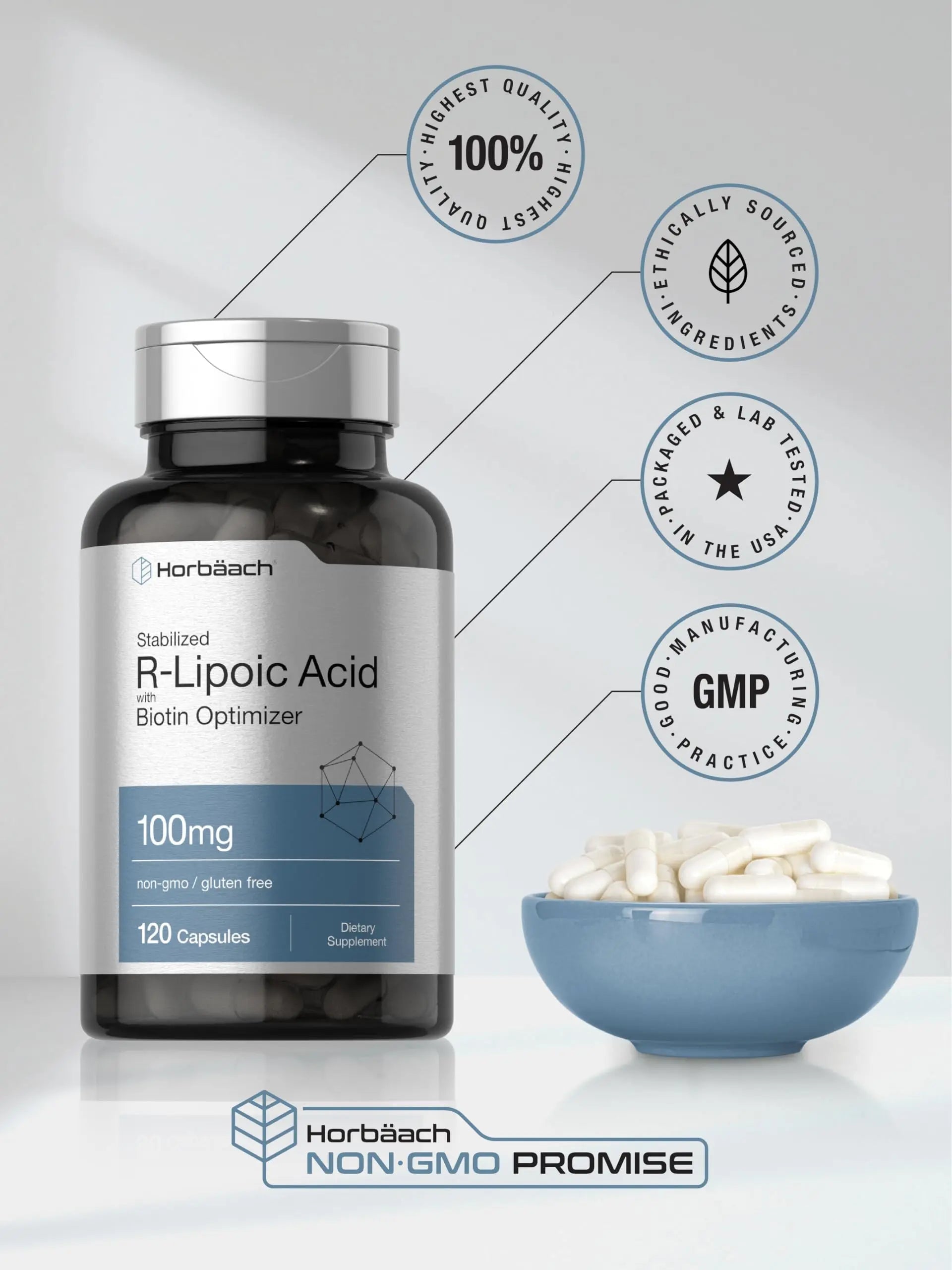 R-Lipoic Acid 100 mg | 120 Capsules | with Biotin Optimizer | Non-GMO, Gluten Free Horbäach Au supplements