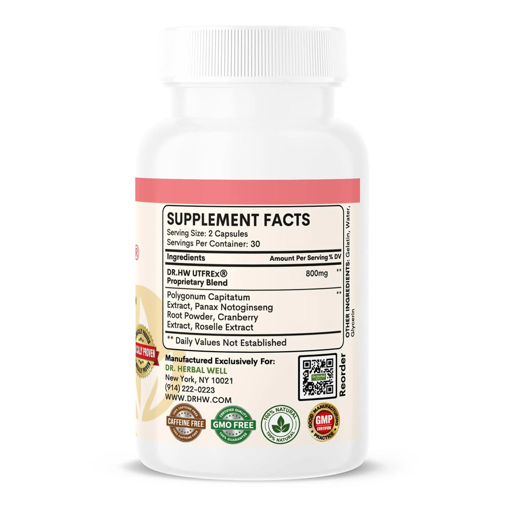 DR. HERBAL WELL UTFREX Clinically Proven Urinary Tract UTI Health Supplement Natural Support Cleanse Flush Protect (No Probiotics & D-Mannose) – 60 Capsules DR. HERBAL WELL Au supplements