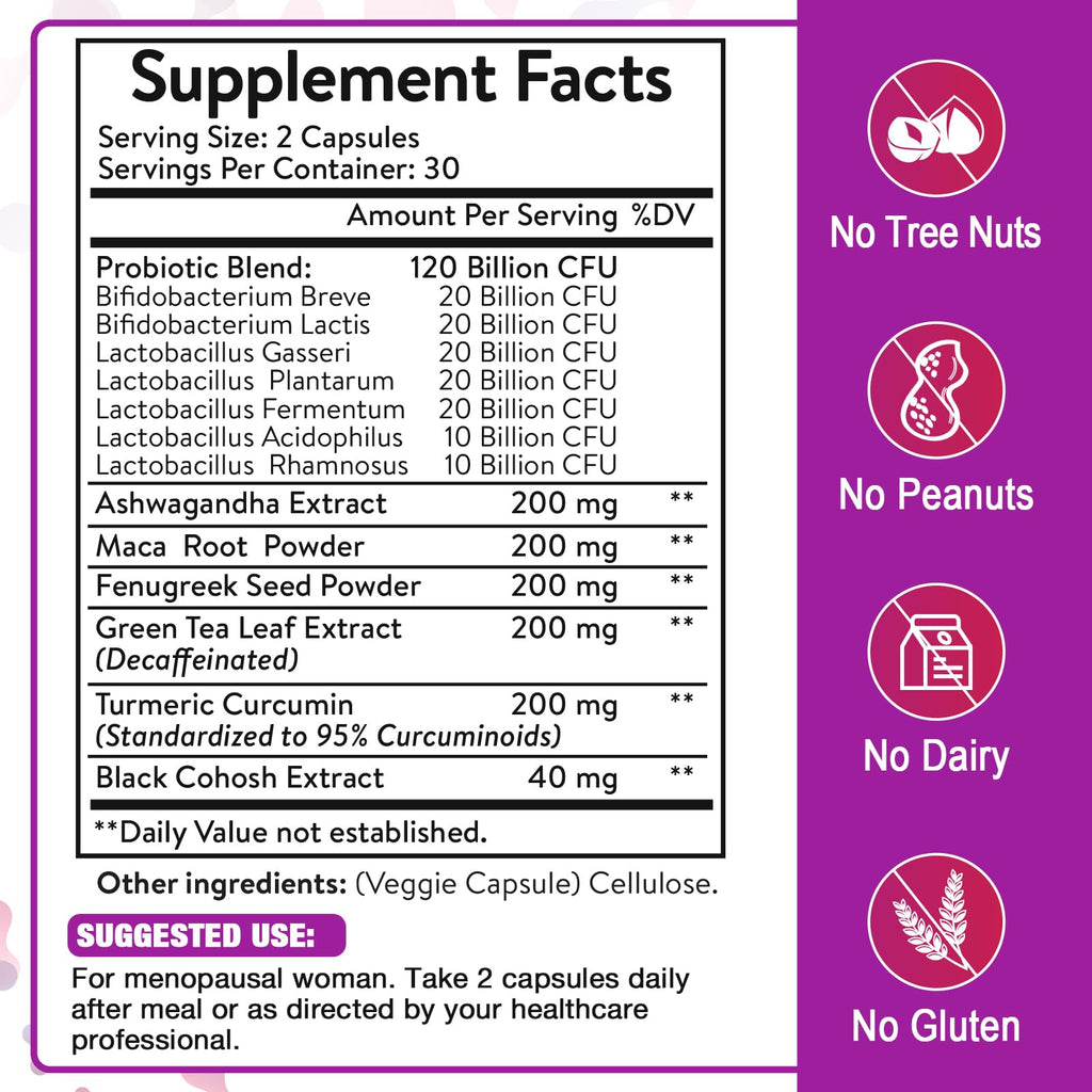 Menopause Supplements for Women, 120 Billion CFU Menopause Probiotics for Women, All-Natural Probiotic for Hot Flashes Menopause, Night Sweats, Mood Swings, Gut and Hormone - 60 Herbal Capsules Zwllood Au supplements