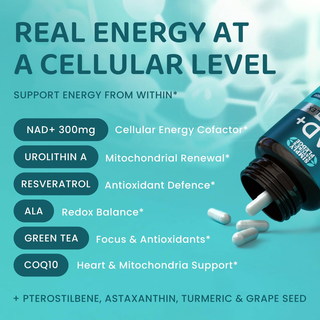 NAD+ Elite Complex – Direct NAD+ 300 mg with Urolithin A, Resveratrol, CoQ10 & Antioxidant Blend – Cellular Energy, Mitochondrial Support & Healthy Aging – Vegan, Non-GMO, 60 Capsules (30 Servings) Simply Nature's Pledge Au supplements