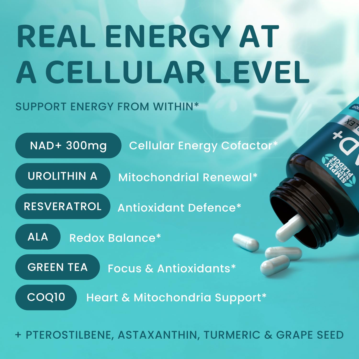 NAD+ Elite Complex – Direct NAD+ 300 mg with Urolithin A, Resveratrol, CoQ10 & Antioxidant Blend – Cellular Energy, Mitochondrial Support & Healthy Aging – Vegan, Non-GMO, 60 Capsules (30 Servings) Simply Nature's Pledge Au supplements