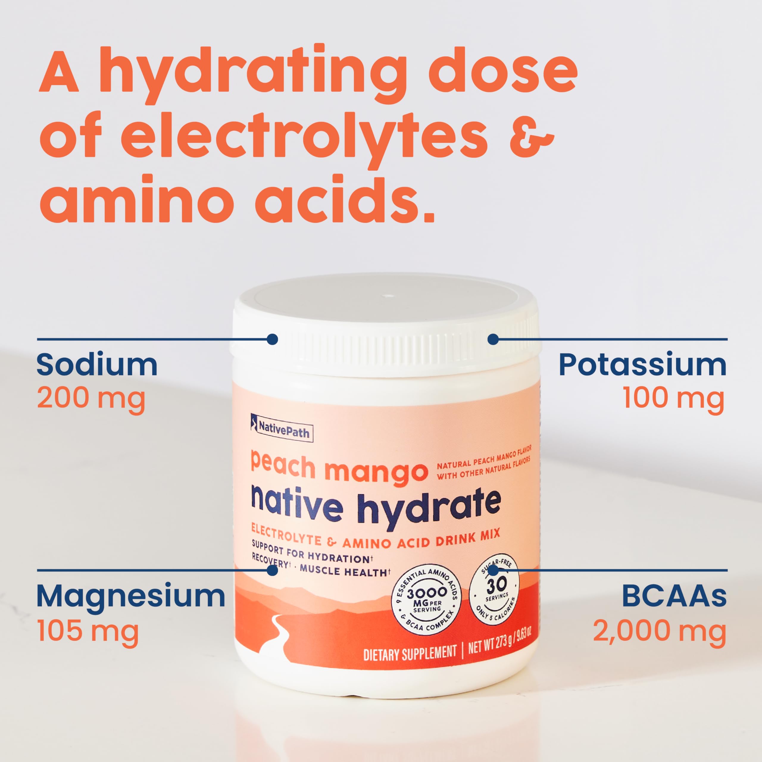 NativePath Hydrate, Zero Sugar, Electrolytes Powder with BCAAs, Peach Mango Hydration, Keto & Paleo Friendly, 30 Servings
