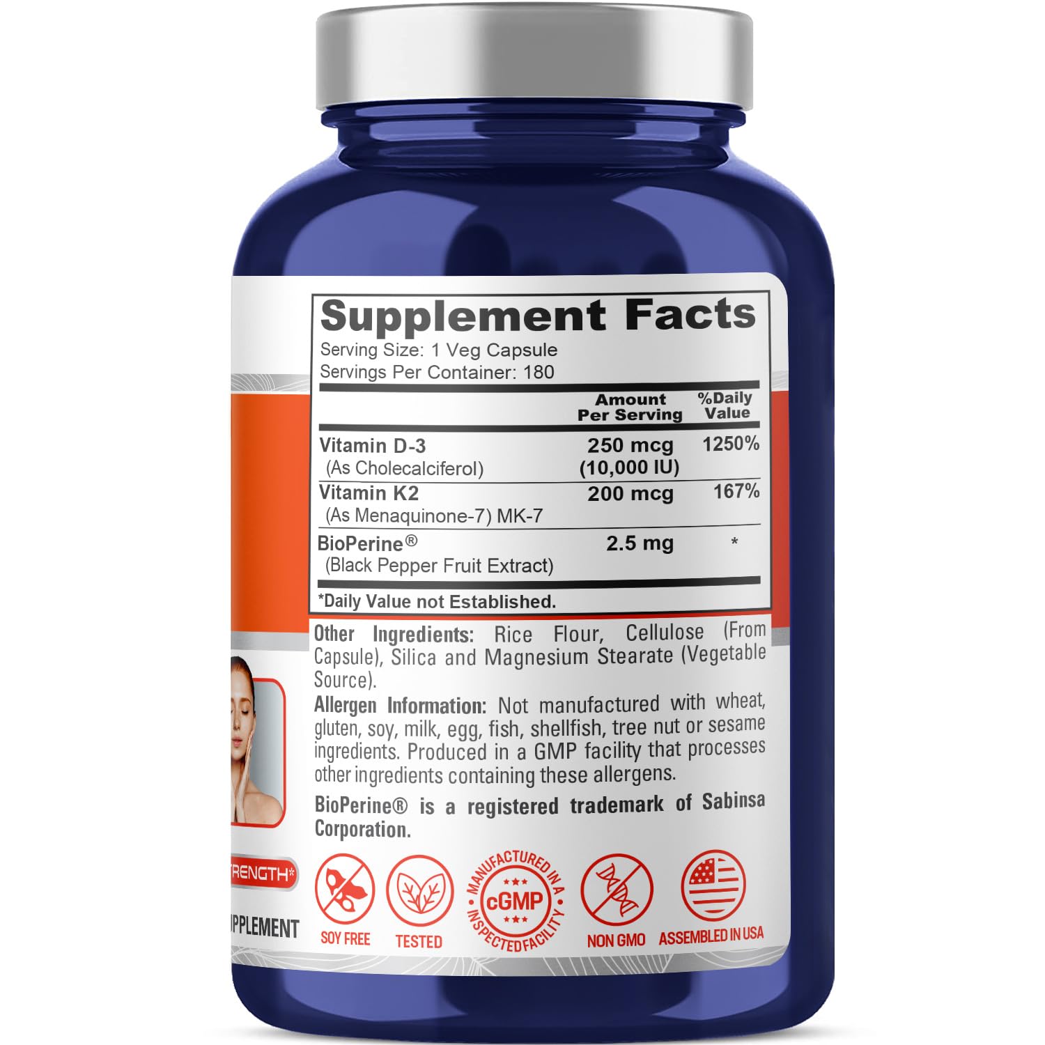NusaPure Vitamin K2 (MK7) (200mcg) + Vitamin D3 (10000 IU) 180 Veg Caps - Bioperine, Soyfree, Non-GMO NusaPure Au supplements