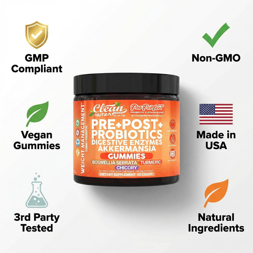 Clean Nutra Prebiotic Postbiotic Digestive Enzymes Gummies with Chicory Root, Boswellia Serrata, Turmeric, and Akkermansia | Pre+Post Probiotics Supplement