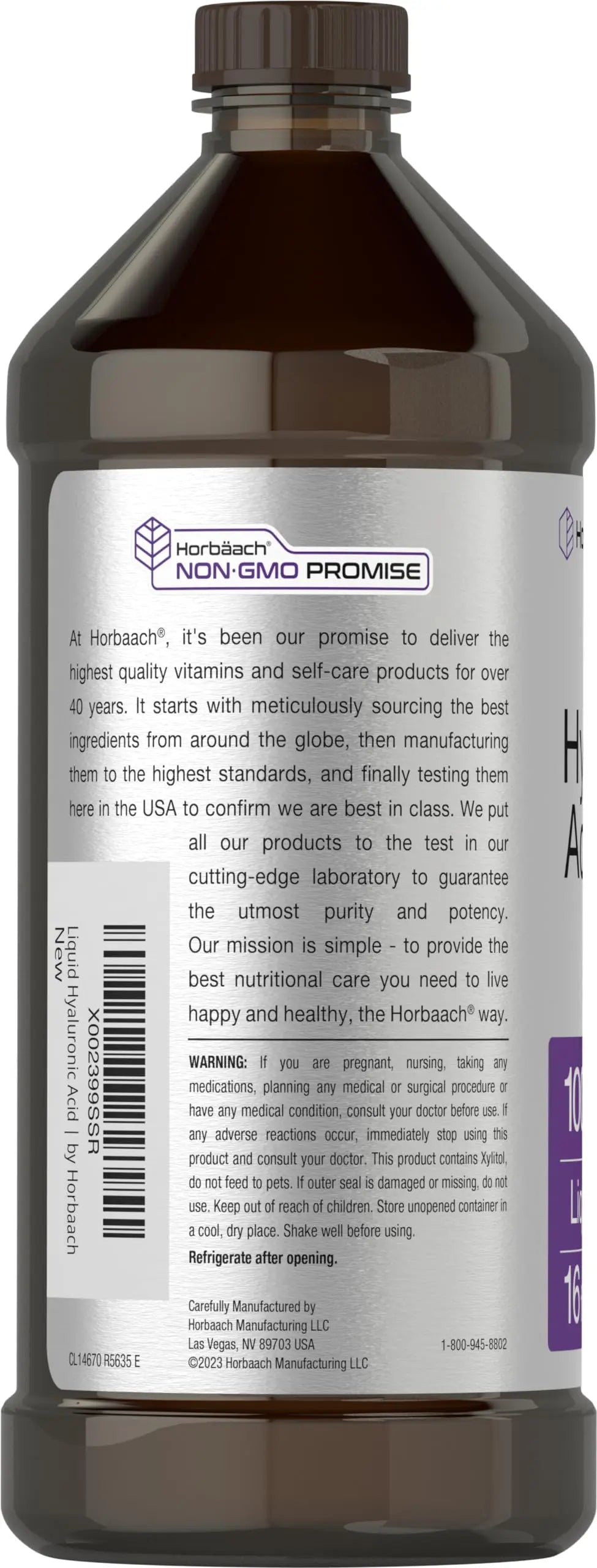 Liquid Hyaluronic Acid Supplement | 100 mg | 16 oz | Mixed Berry Flavor | Non-GMO Horbäach Au supplements