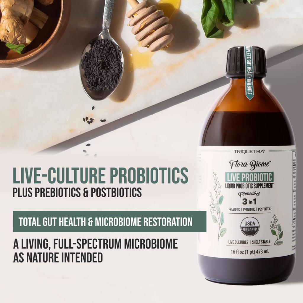Flora Biome - Live Probiotic, Prebiotic, & Postbiotic – Organic Live-Culture – 10 Probiotic Strains, 18 Fermented Herbs - Complete Gut Health & Microbiome Optimizer (16 oz) Triquetra Health Au supplements