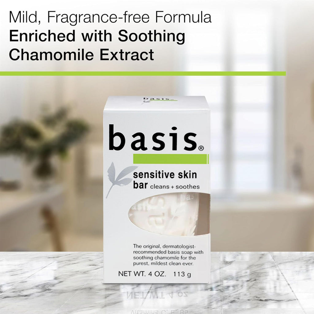 Basis Sensitive Skin Bar Soap for Body, Hands and Face, Unscented Soap Bar for Sensitive Skin with Chamomile and Aloe Vera