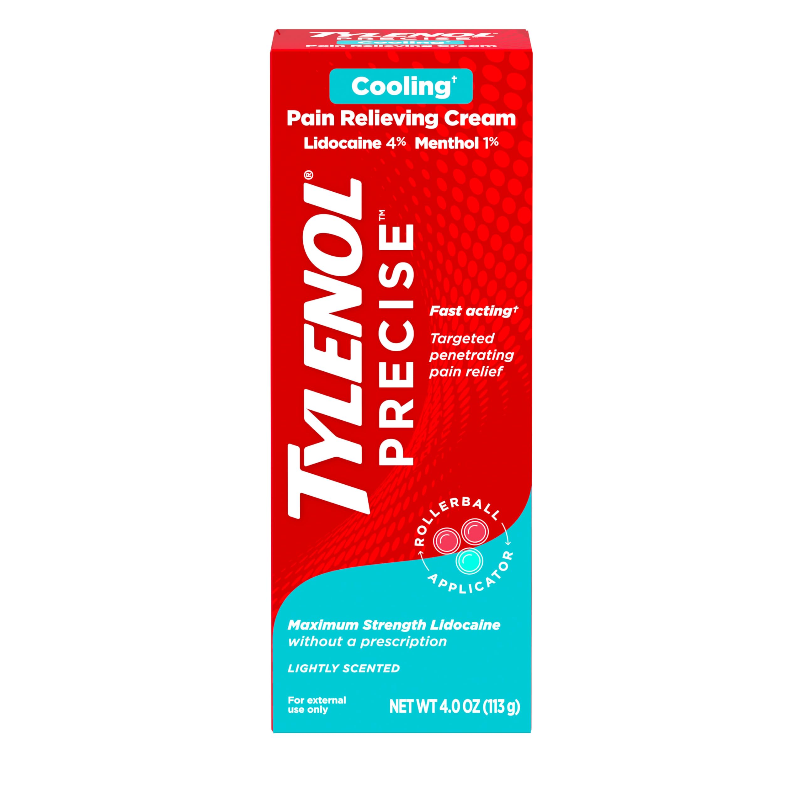 Tylenol Precise Cooling Cream, Strong Pain Relief with Fast-Acting Sensation, 4% Lidocaine, 1% Menthol, Maximum OTC Strength Relief for Back, Muscle & Joint, Numbing Cream Rollerball Applicator, 4 oz Tylenol Au supplements
