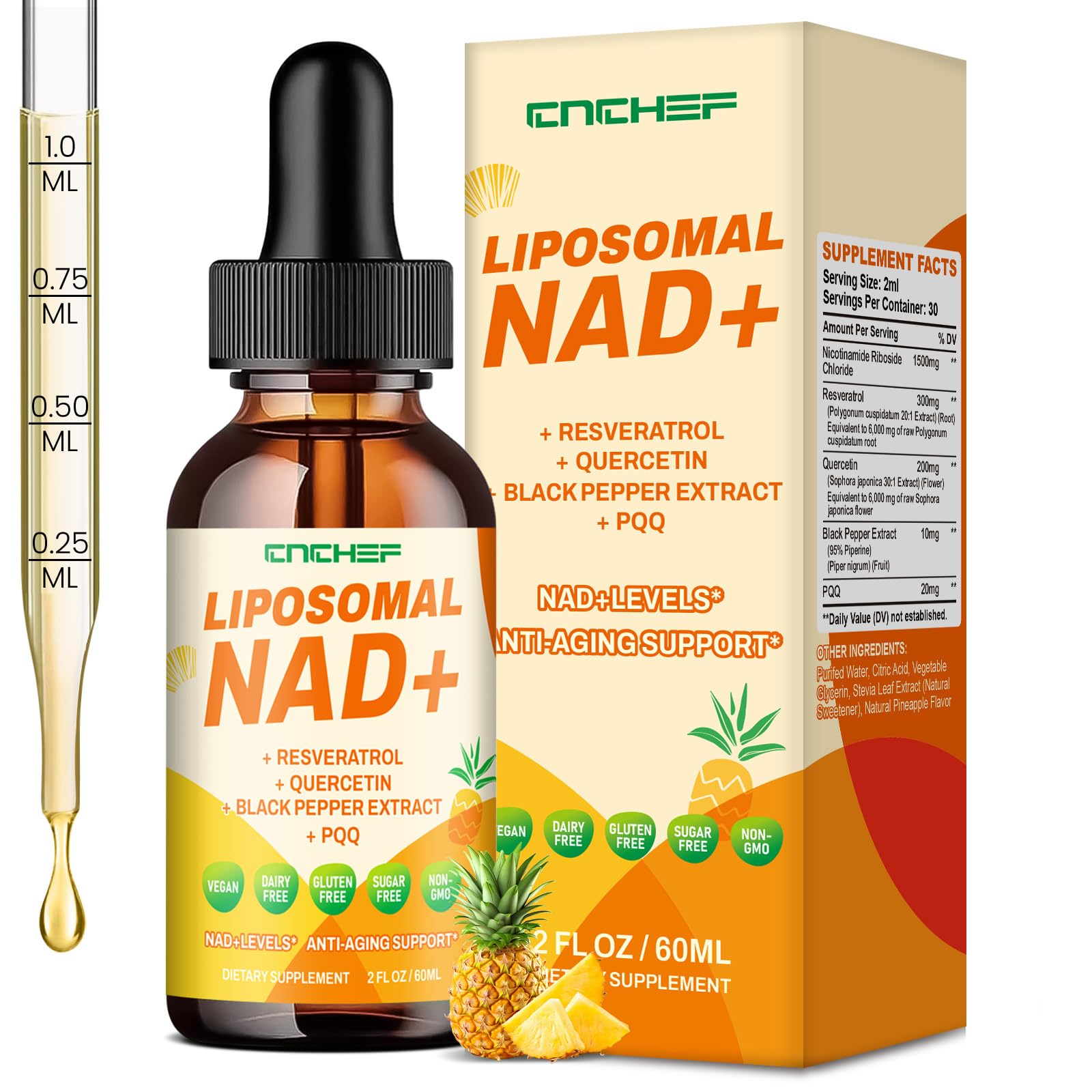 CNCHEF Liposomal NAD Supplement - 1500mg NAD+ Liquid Drop for Women & Men Nicotinamide Riboside Chloride & Resveratrol Complex - Cellular Renewal, Anti-Aging Support - 30 Servings (2 fl oz) CNCHEF Au supplements