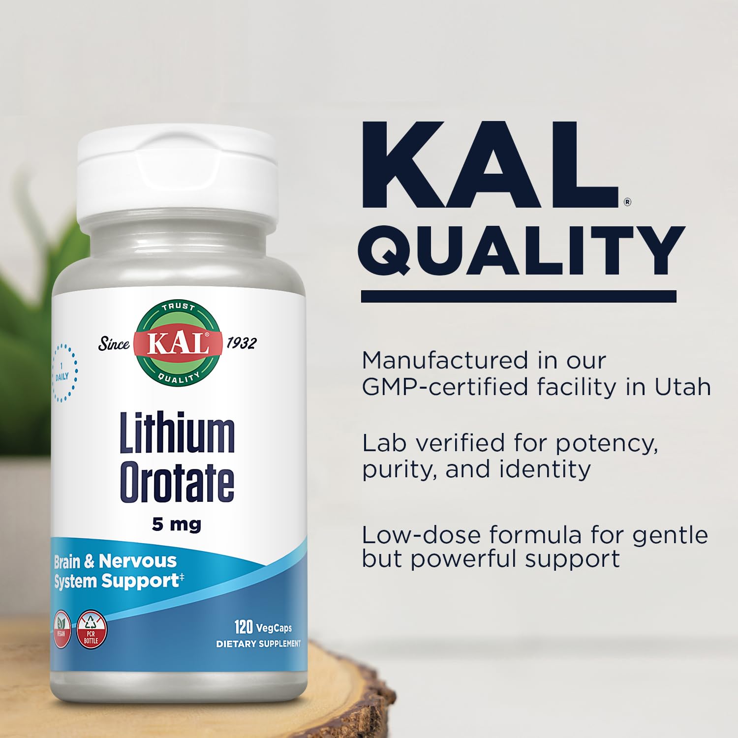 KAL Lithium Orotate 5 milligrams | Low Serving Of Chelated Lithium Orotate For Bioavailability and Mood Support | In Organic Rice Bran Extract Base | 120 VegCaps