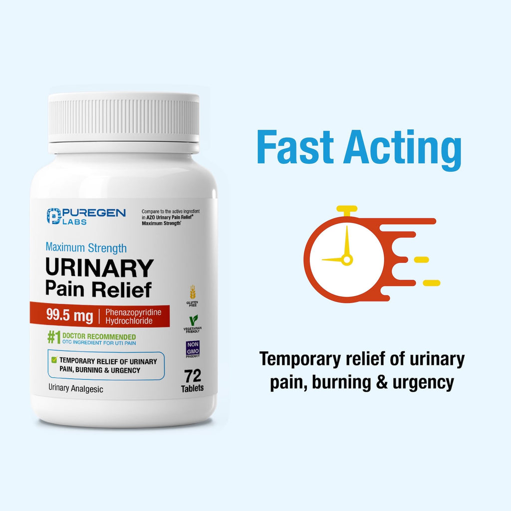 Puregen Labs Urinary Pain Relief | Phenazopyridine HCl 99.5mg Tablets | Maximum Strength OTC for Fast Relief of UTI Pain, Burning and Bladder discomfort – 72 Count Tablets P Puregen Labs Au supplements