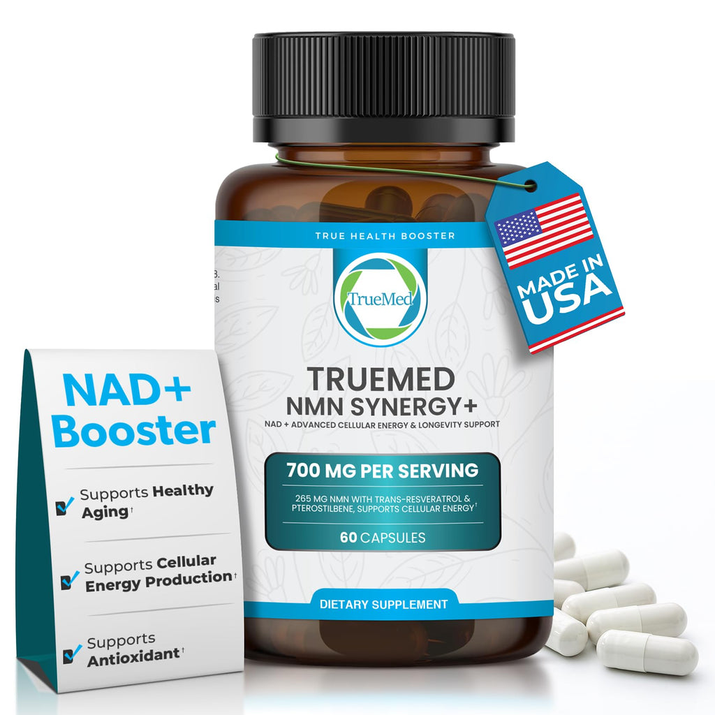 TRUEMED NMN Synergy+ 700mg – Premium NMN Supplement with Resveratrol & Pterostilbene | Advanced NAD+ Supplement for Cellular Energy, & Wellness Support | Non-GMO, Vegan, 60 Capsules TRUEMED Au supplements