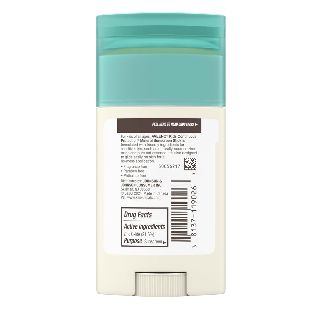 Aveeno Kids Continuous Protection Zinc Oxide Mineral Sunscreen Stick for Sensitive Skin, Face & Body Sunscreen Stick for Kids
