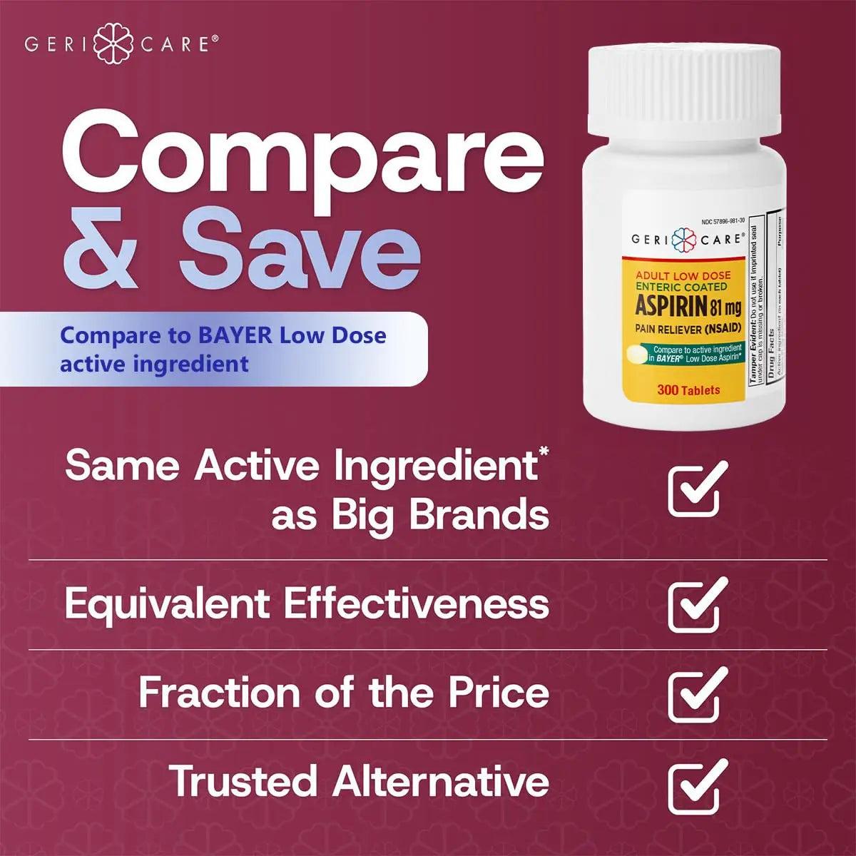 GeriCare Aspirin 81mg Adult Low Dose, Pain Reliever - Enteric Coated Tablets for Enhanced Absorption and Gentle Digestion – Supports Blood Flow, Reduces Inflammation, 300 Count (Pack of 1) GeriCare Au supplements