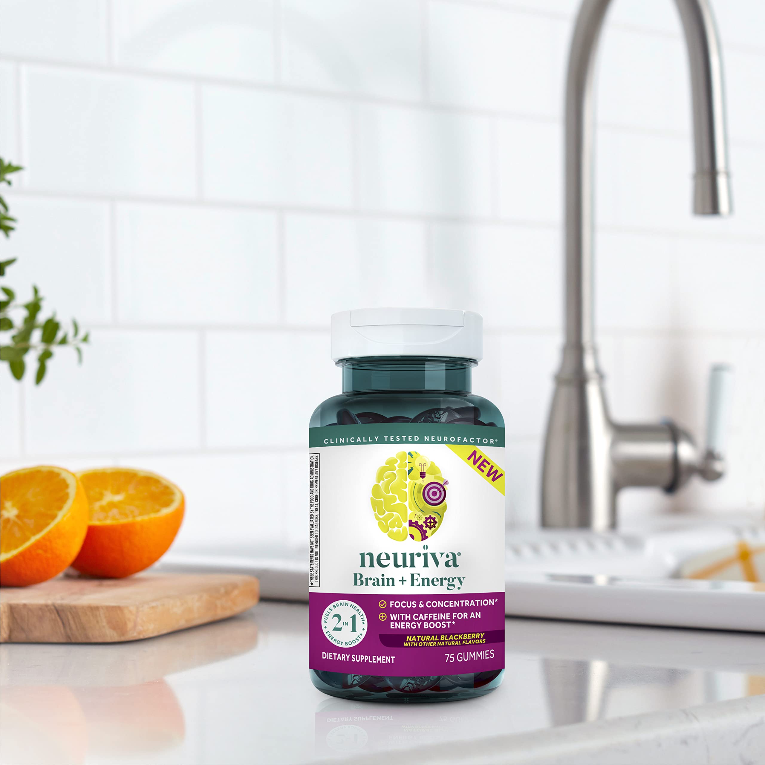 NEURIVA Brain + Energy Gummies, Nootropic Brain Supplements for Focus and Concentration with Neurofactor, Vitamin B12 & Caffeine for an Energy Boost*, 75ct Natural BlackBerry NEURIVA Au supplements