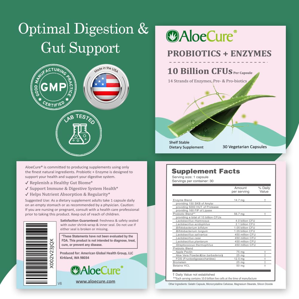 AloeCure Daily Probiotics 10 Billion CFU for Digestive Support 8 Strains, 6 Prebiotics & Enzymes - Digestive Supplement with Bromelain for Women & Men
