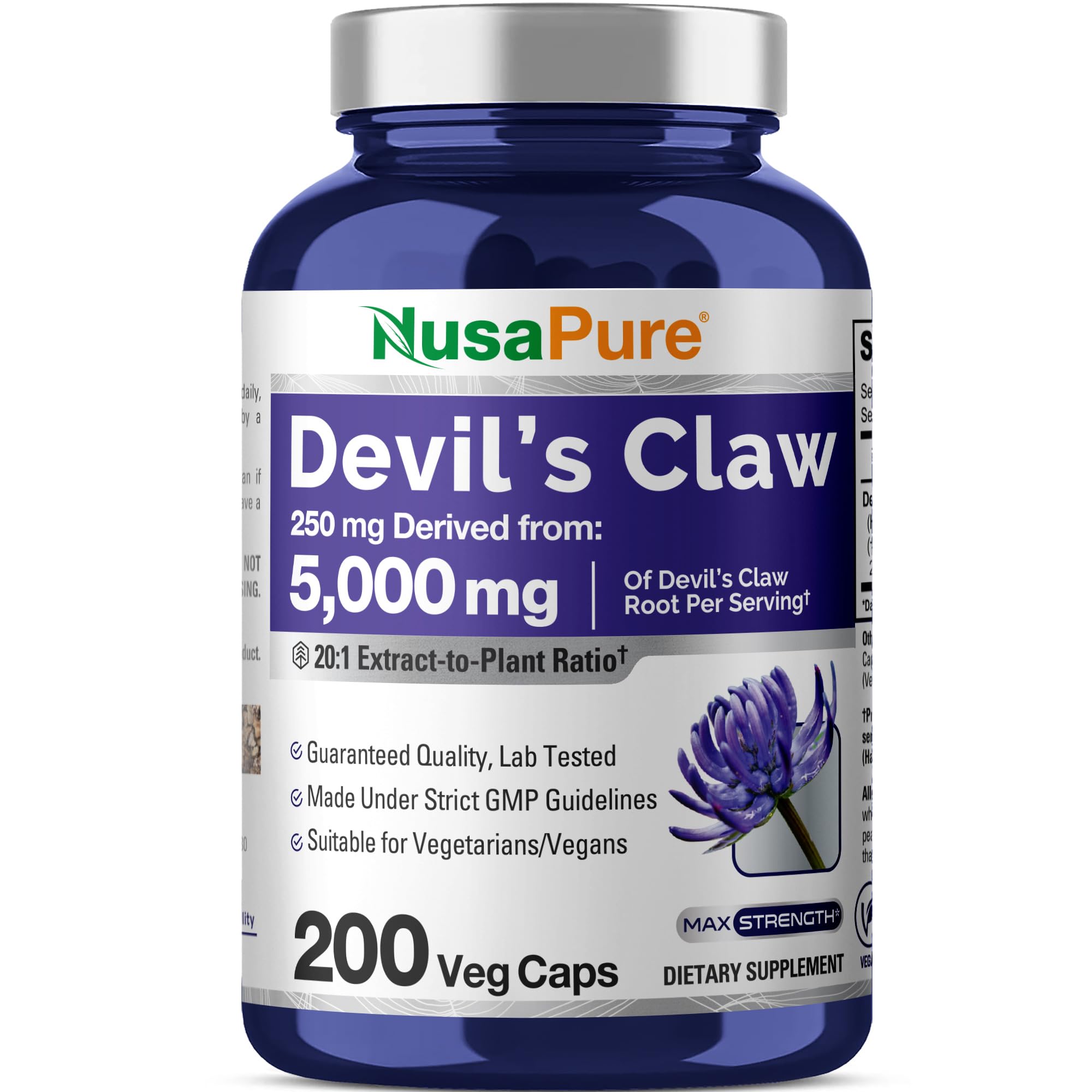 NusaPure Devil's Claw 20:1 Extract, 250 mg Equivalent to 5000mg, 200 Veggie Capsules, Concentrated Root Extract, Devils Claw Herbal Supplement, Non-GMO, Vegan Supplement NusaPure Au supplements