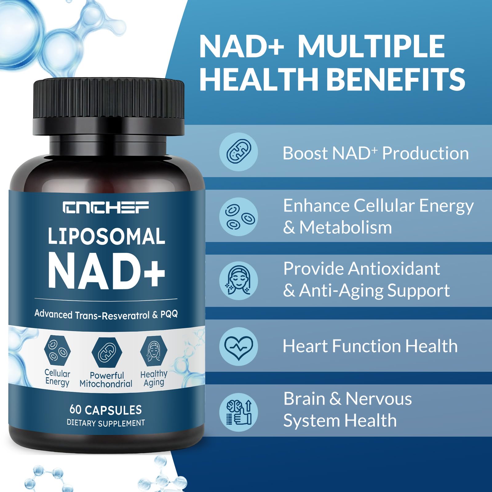 CNCHEF Liposomal NAD Supplement -1000mg, NAD Resveratrol Supplement for Women & Men with Nicotinamide Riboside, Resveratrol, PQQ & TMG, NAD Plus Boosts NAD+ Levels, Anti-Aging & Brain, 60 Capsules CNCHEF Au supplements