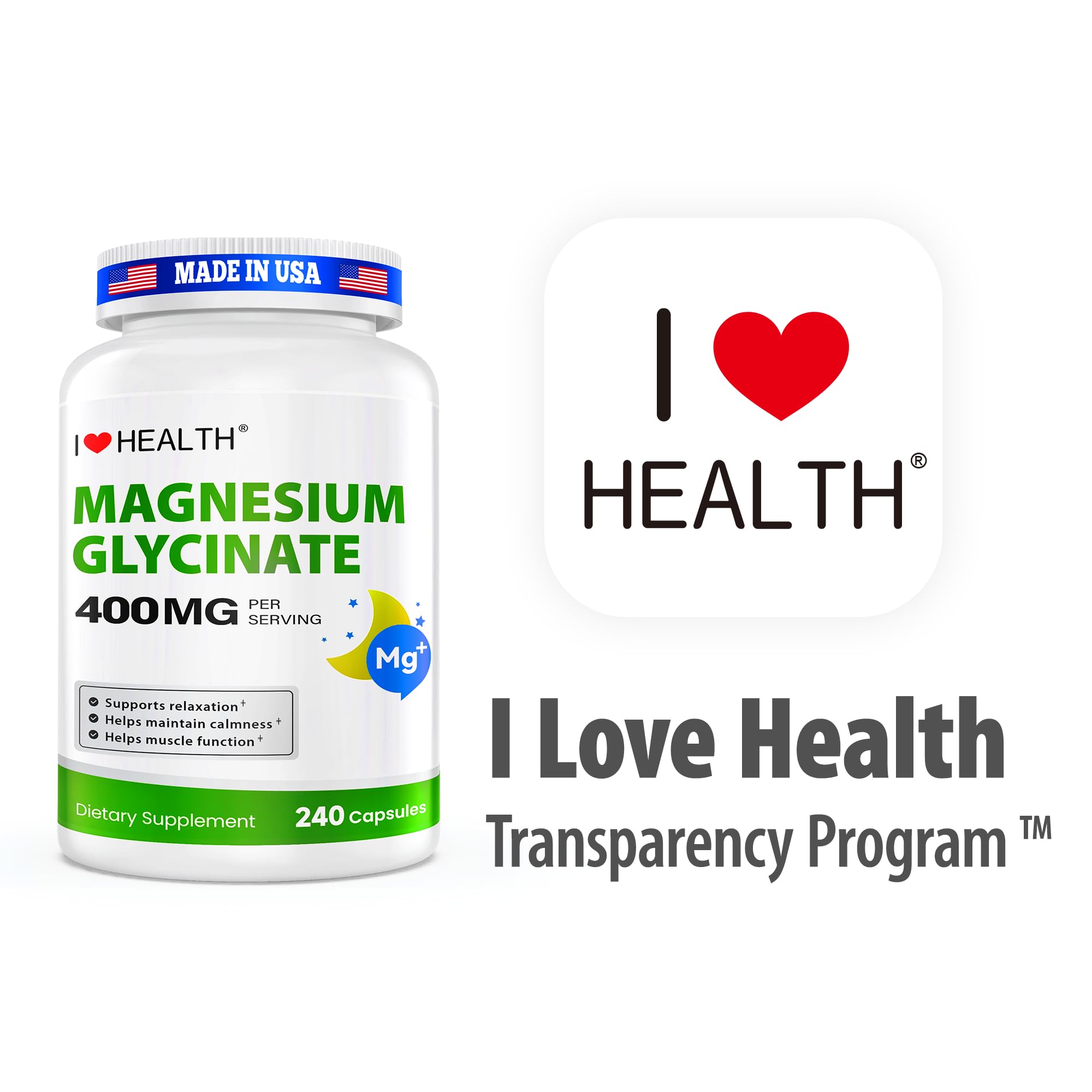 Magnesium Glycinate 400mg per Capsule – 240 Capsules – High Absorption Magnesium Supplement for Relaxation, Calmness & Muscle Support – Gentle on Stomach