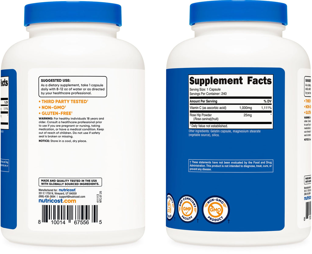 Nutricost Vitamin C with Rose Hips 1025mg, 240 Capsules - Vitamin C 1,000mg, Rose Hips 25mg, Premium