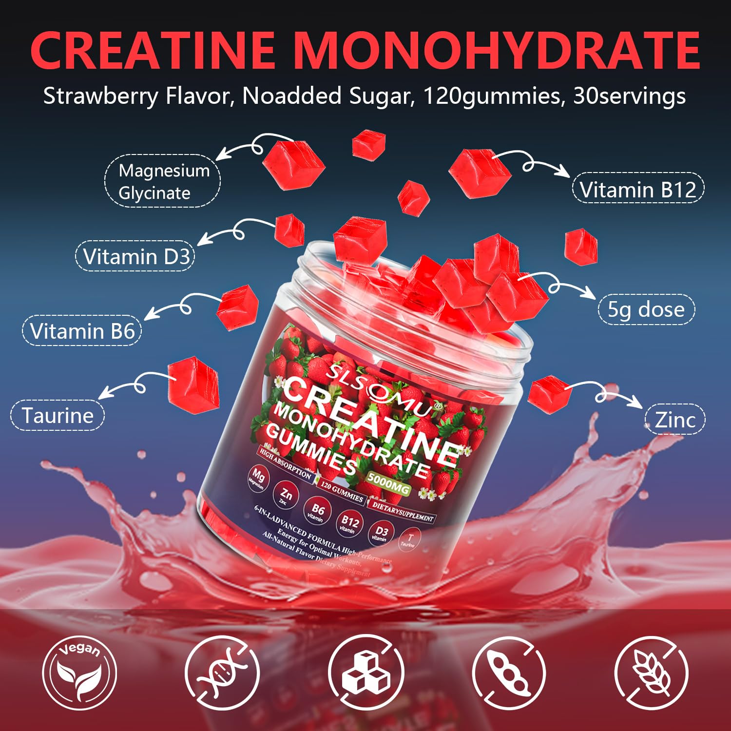 Slsomu Creatine Gummies for Women, 5000mg Pre-Workout Muscle Strength & Energy Support, 0 Sugar Creatine Gummy with L-Taurine, Zinc
