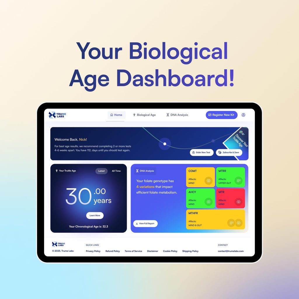 TruMe Labs Biological Age at-Home Test Kit (Saliva) – Biological Age Estimate + Peer Percentile Comparison, 10-Page Action Plan, Results in 1–2 Weeks. TruMe Labs Au supplements