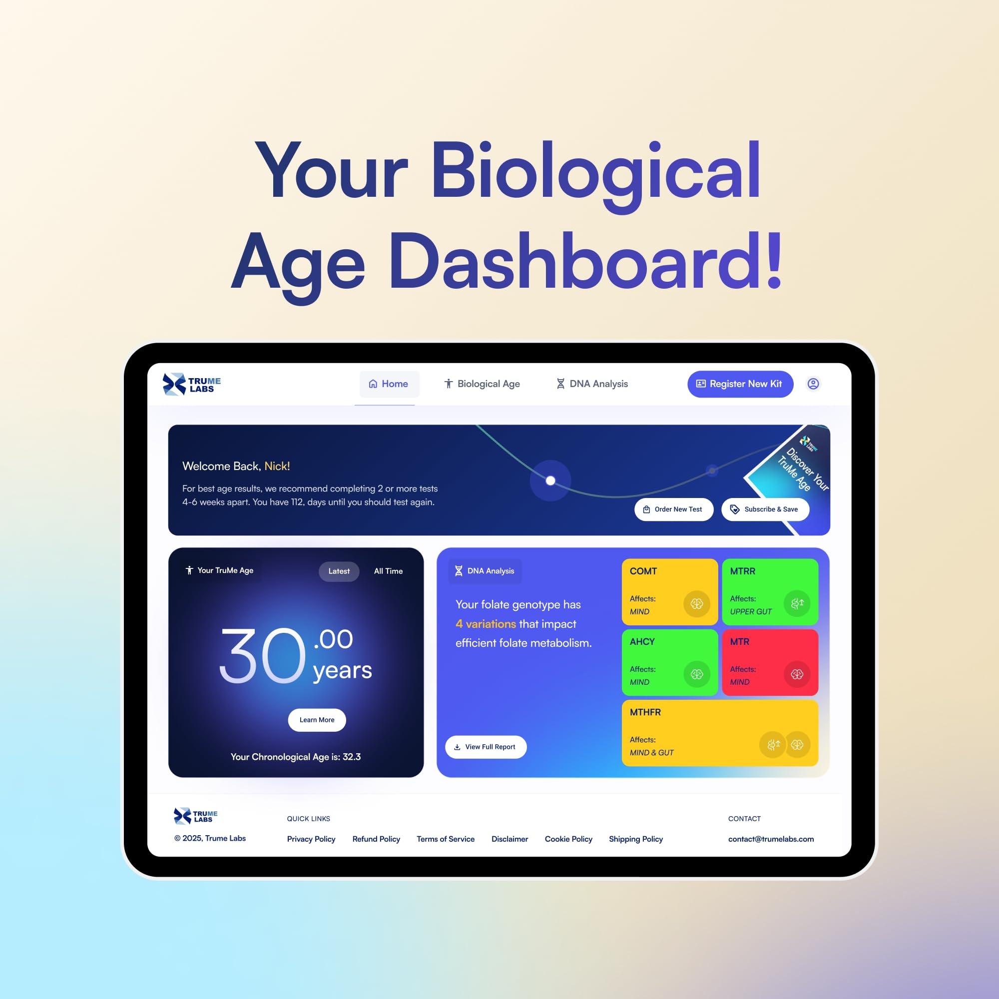 TruMe Labs Biological Age at-Home Test Kit (Saliva) – Biological Age Estimate + Peer Percentile Comparison, 10-Page Action Plan, Results in 1–2 Weeks. TruMe Labs Au supplements