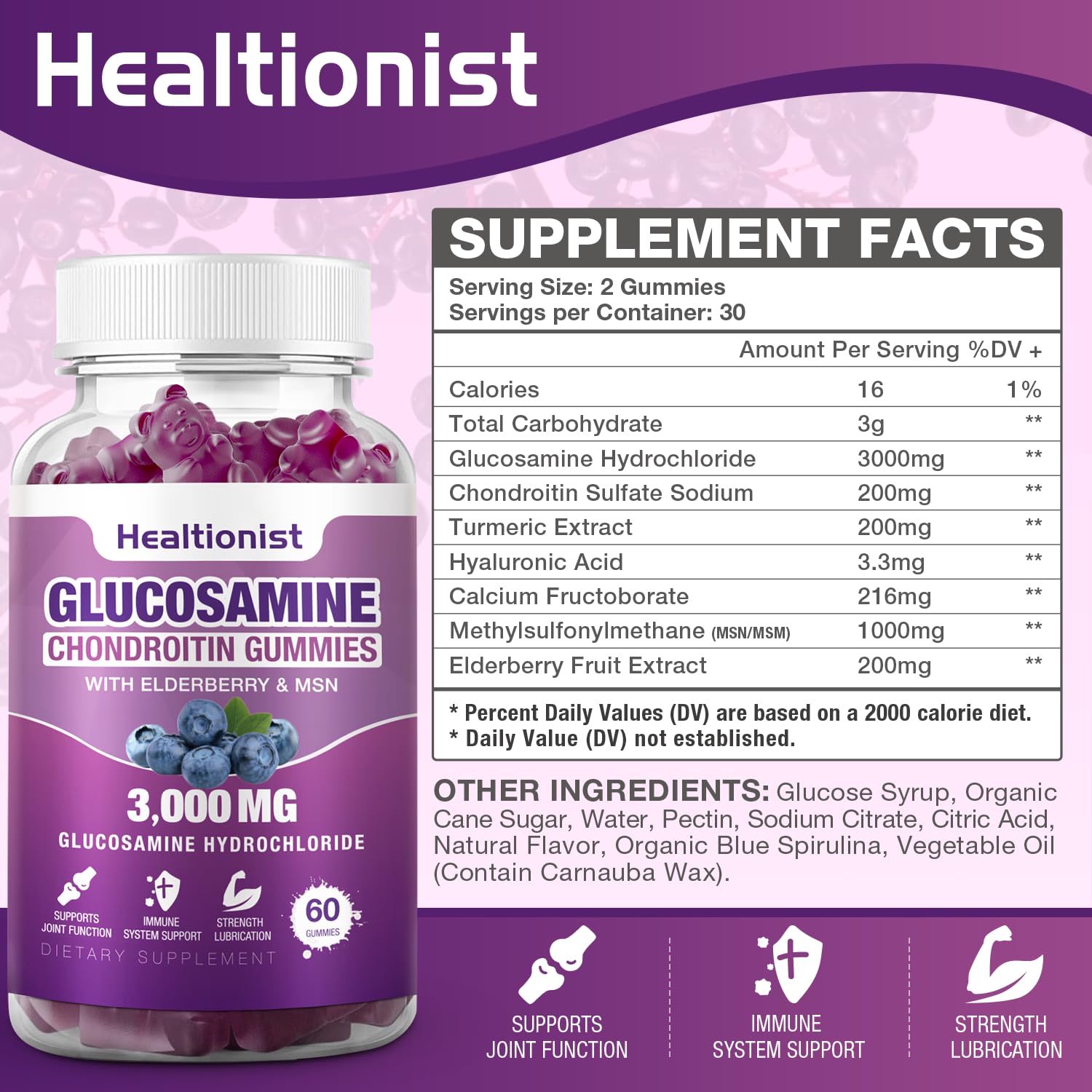 Healtionist 2 Packs 3000mg Glucosamine Chondroitin Gummies with MSM & Elderberry