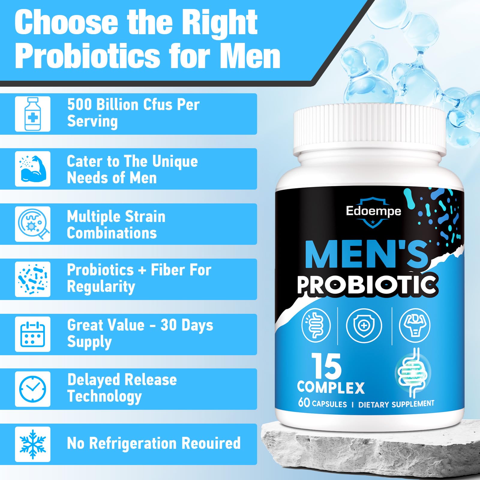 Probiotics for Men, 500 Billion CFUs 12 Strains, Mens Probiotics for Gut Health*, Digestive Health*, Energy, Prostate & Urinary Tract*, with Cranberry, Goji, Turmeric & Amla, Shelf Stable, 60 Caps Edoempe Au supplements