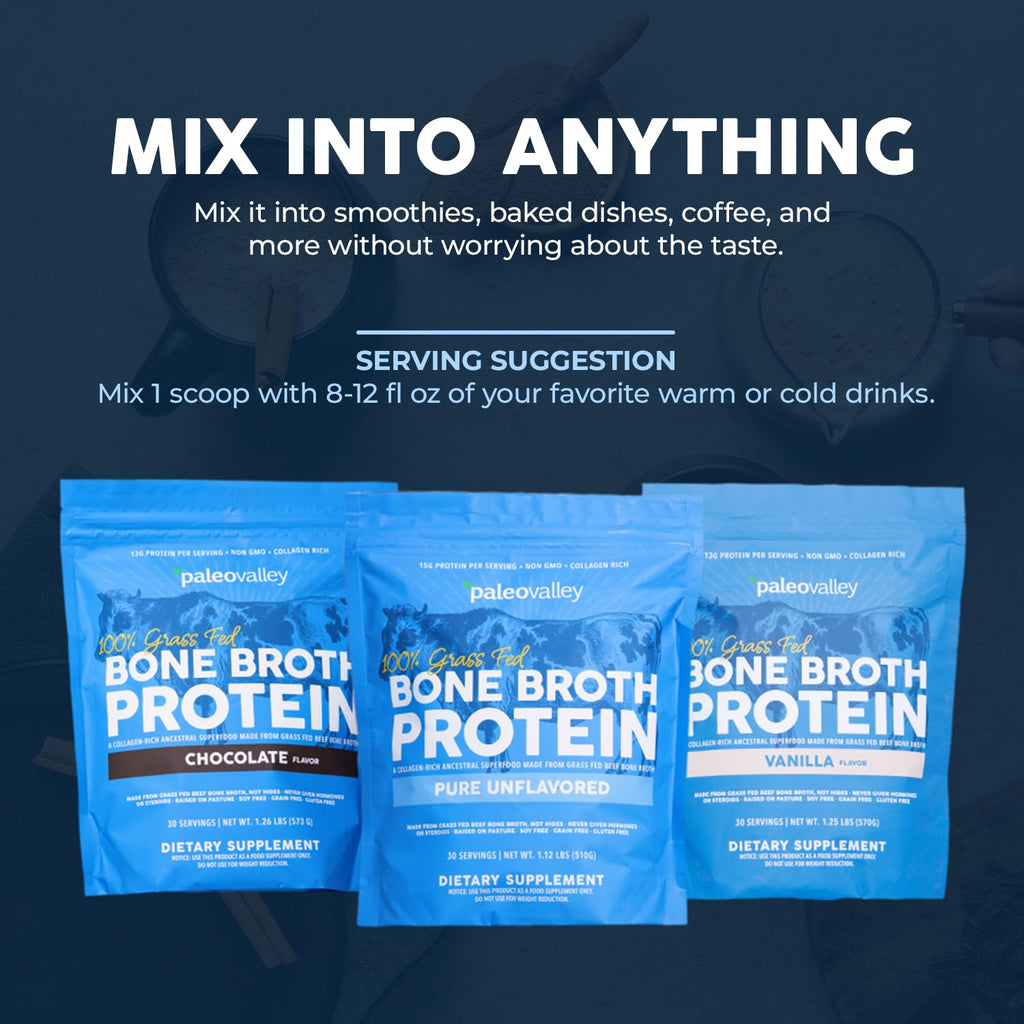Paleovalley 100% Grass Fed Beef Bone Broth Protein Powder - Rich in Collagen Peptides for Hair, Skin, Gut Health, Bone and Joint Support