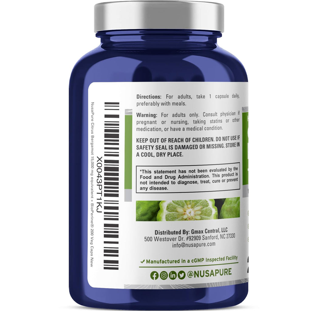 NusaPure Citrus Bergamot Capsules 15,000mg, 200 Capsules - 25:1 Bergamot Extract - 200 Servings, Bioperine, Vegan, Non-GMO NusaPure Au supplements