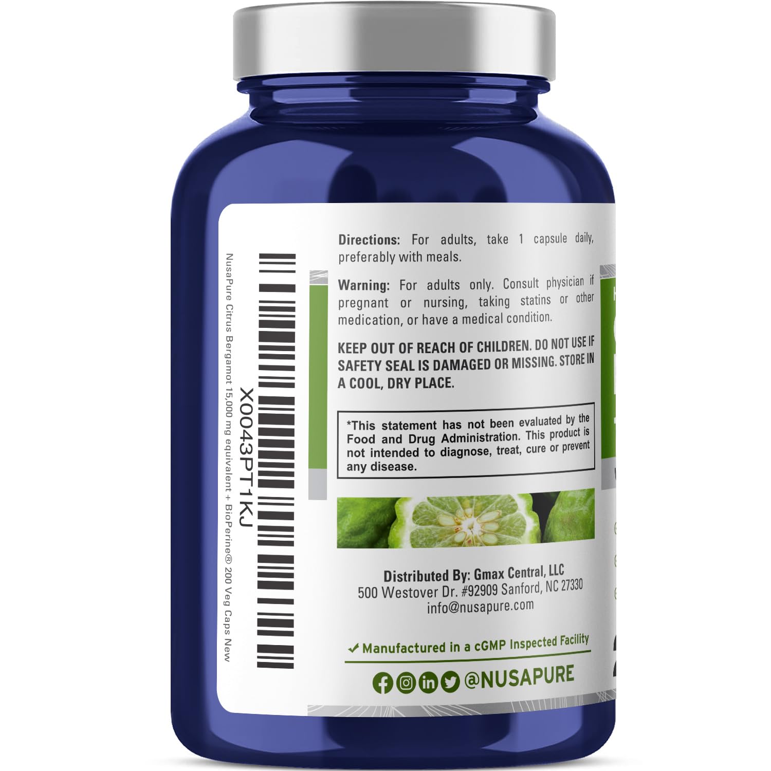 NusaPure Citrus Bergamot Capsules 15,000mg, 200 Capsules - 25:1 Bergamot Extract - 200 Servings, Bioperine, Vegan, Non-GMO NusaPure Au supplements