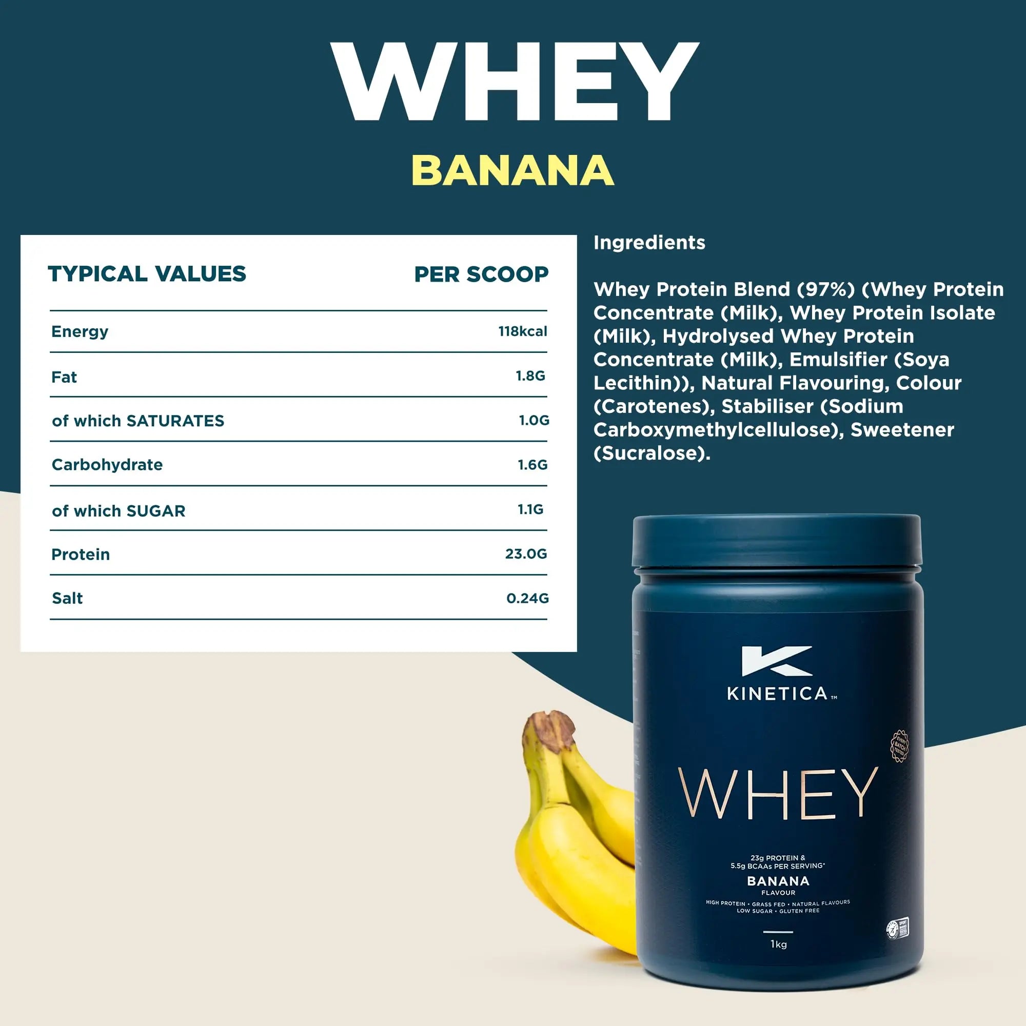 Kinetica Banana Whey Protein Powder | 2.27kg | 23g Protein per Serving | 76 Servings Kinetica Au supplements