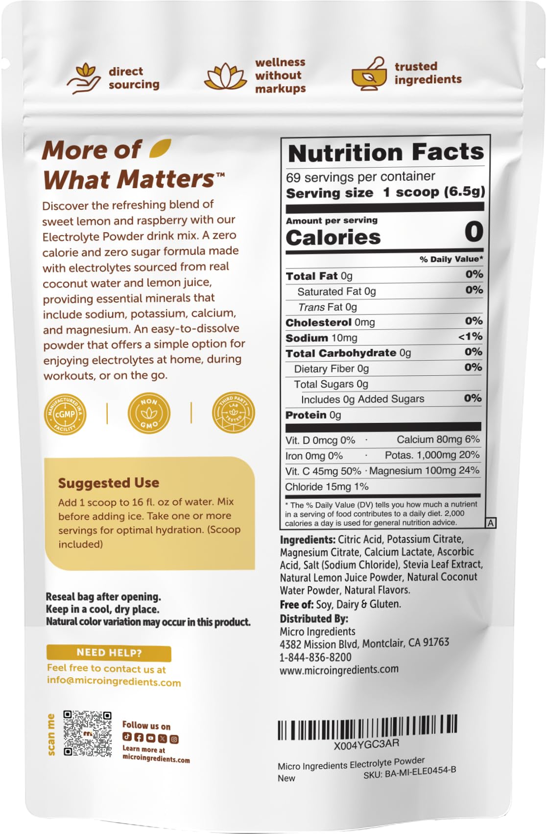 Micro Ingredients Hydration Electrolyte Powder, 1 lb (69 Servings) | Lemon Raspberry Flavor | High Potassium (1,000mg) + Coconut Water & Real Lemon Juice | No Sugar, Keto Friendly | Non-GMO