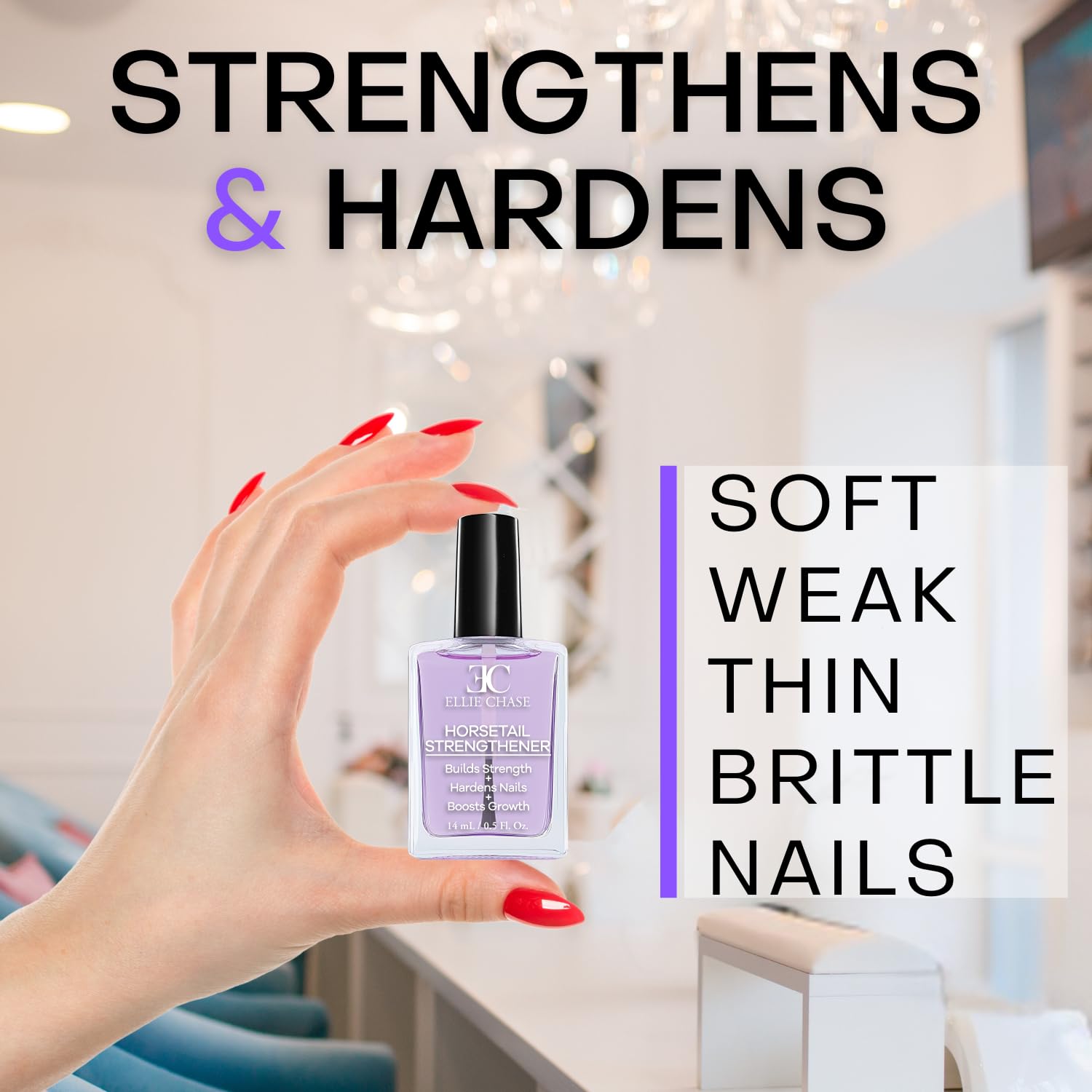 Ellie Chase Horsetail Nail Strengthener, Growth, Hardener, Repair Treatment Polish 0.5 OZ/Help Splits, Breaks, Thin, Weak