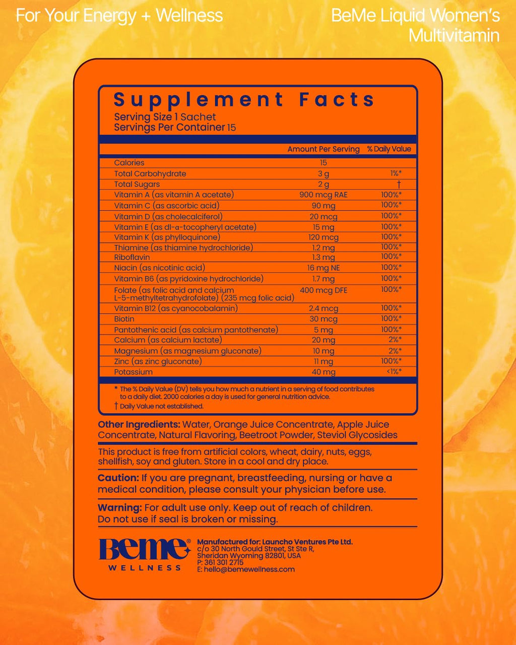 BeMe Liquid Multivitamins for Women - Advanced Liquid Delivery System with 13 Vitamins & Minerals - Tear & Go Sachets, Non-GMO, Orange Flavor (15 Sachets) BeMe Au supplements