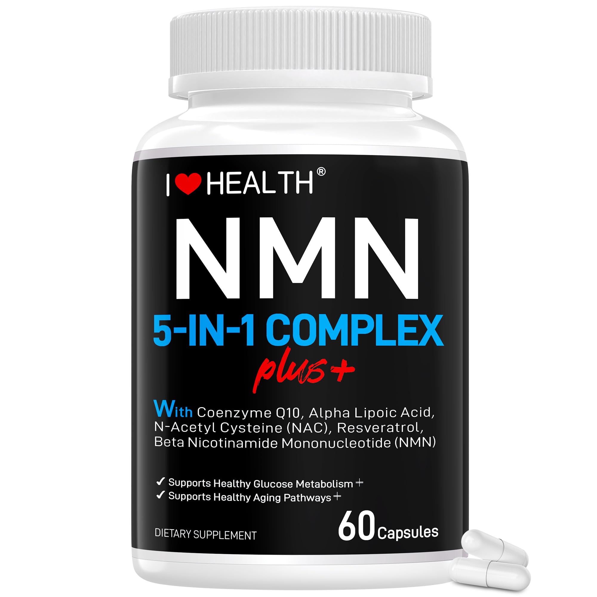 I LOVE HEALTH NMN Complex Plus+ for Women & Men with NAC, Alpha Lipoic Acid, CoQ10 & Resveratrol – 5-in-1 Cellular Energy & Healthy Aging Support – 60 Capsules, Non-GMO, Made in USA I LOVE HEALTH Au supplements