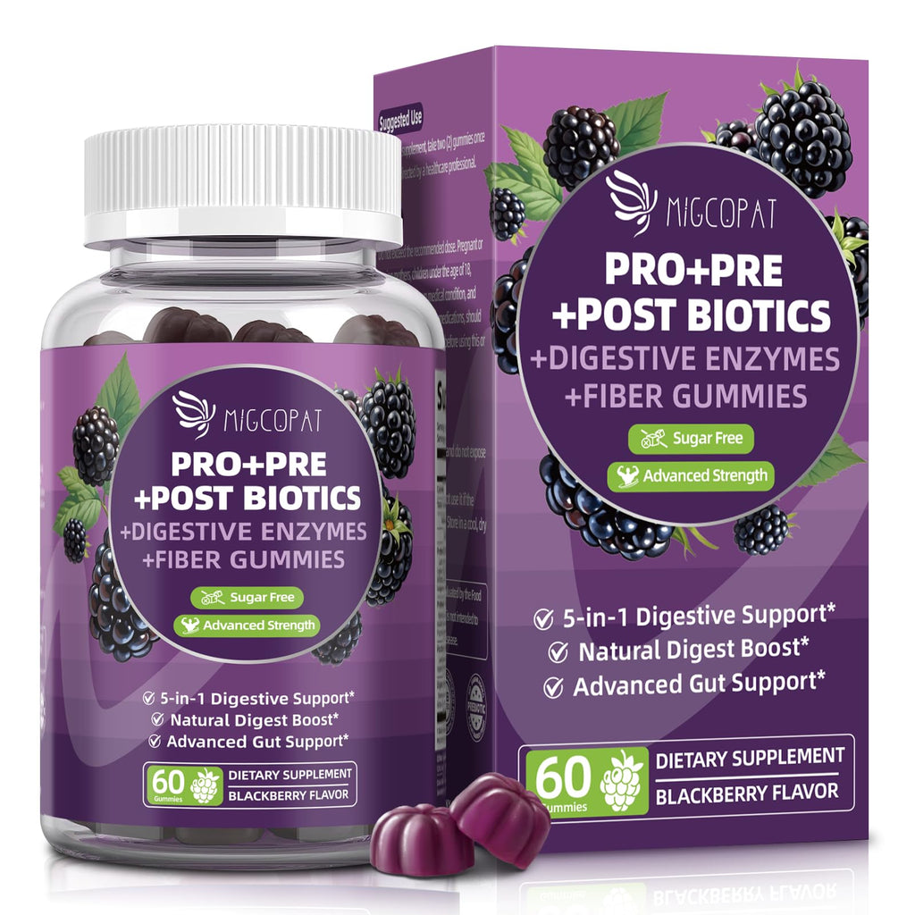 Migcopat Pre Post Probiotics Gummies, 5 in 1 Probiotic Prebiotic Postbiotic Digestive Enzymes with Fiber, 120 Billion CFU Probiotics Complete Gut Support, Sugar Free, Vegan, BlackBerry Flavor, 60 Cts Migcopat Au supplements