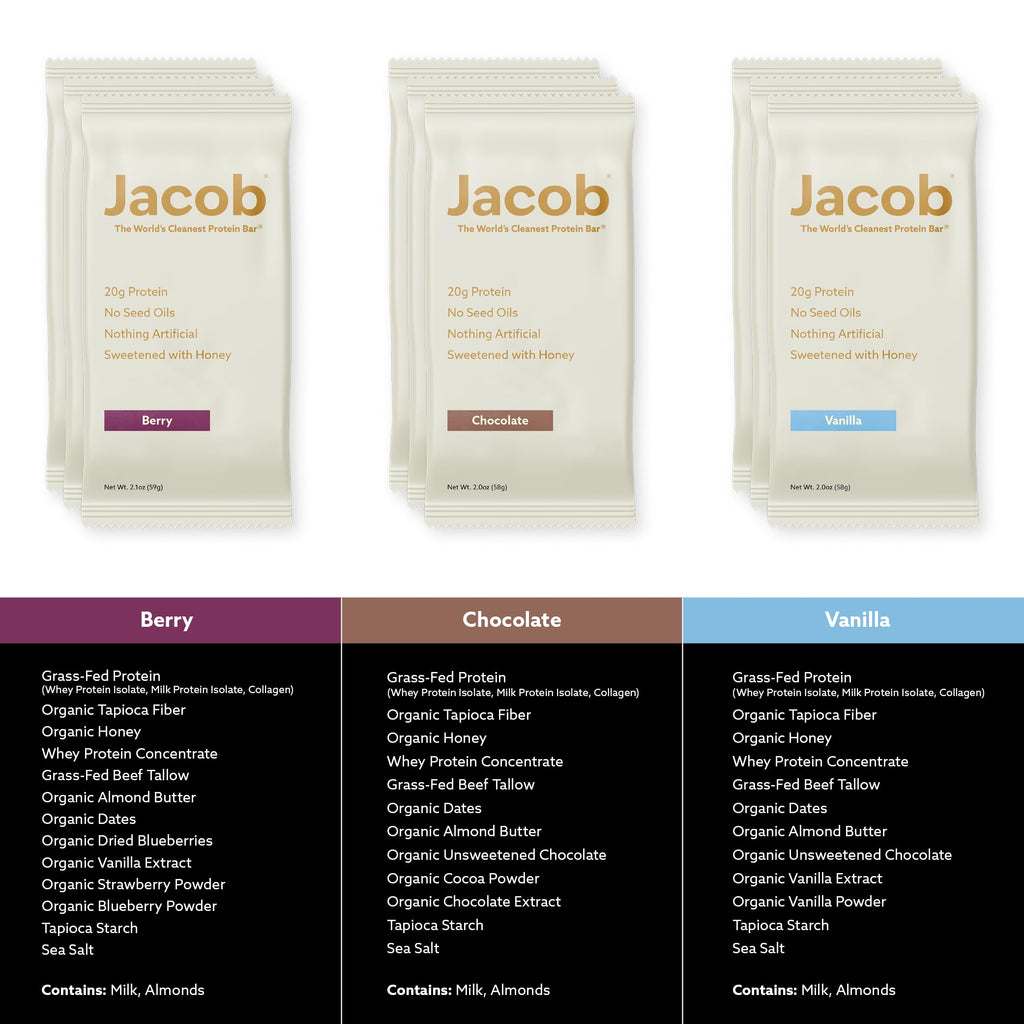 Jacob Bar, Protein Bars, Variety Pack (9 Bars Total) Contains 3 of Each; Chocolate, Vanilla, Berry - 20g Grass-Fed Protein, No Seed Oils, Nothing Artificial