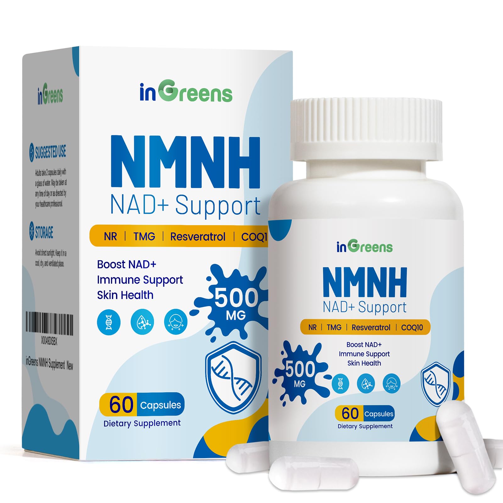 500mg NMNH, NMN Supplement Alternative with NR, TMG, Resveratrol, COQ10, NAD Supplement, Anti Aging, Energy, Boost NAD+ Levels, 60 Capsules inGreens Au supplements
