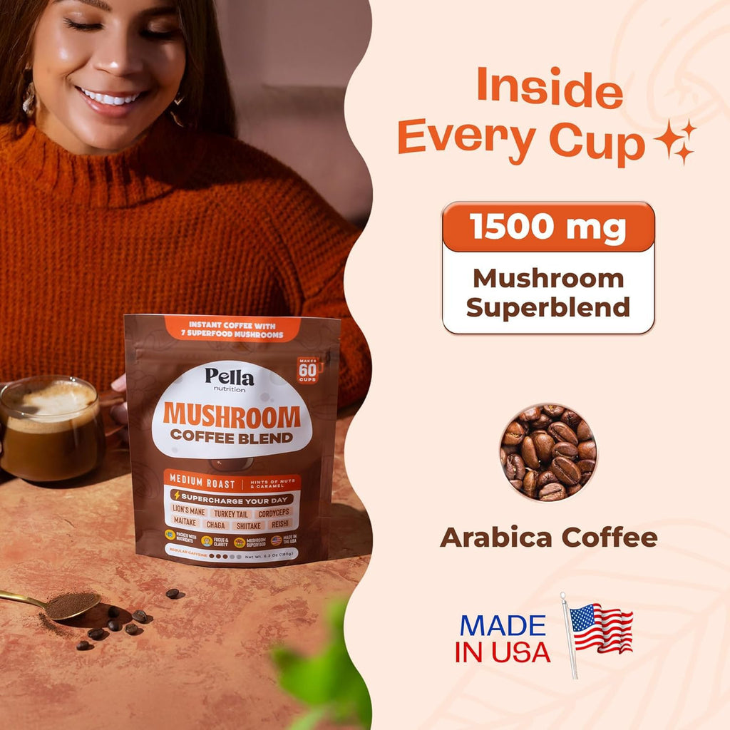 Pella Nutrition Mushroom Coffee – Lions Mane, Reishi, Chaga, Cordyceps, Shiitake, Maitake, and Turkey Tail Mushroom Supplement – Superfood Instant