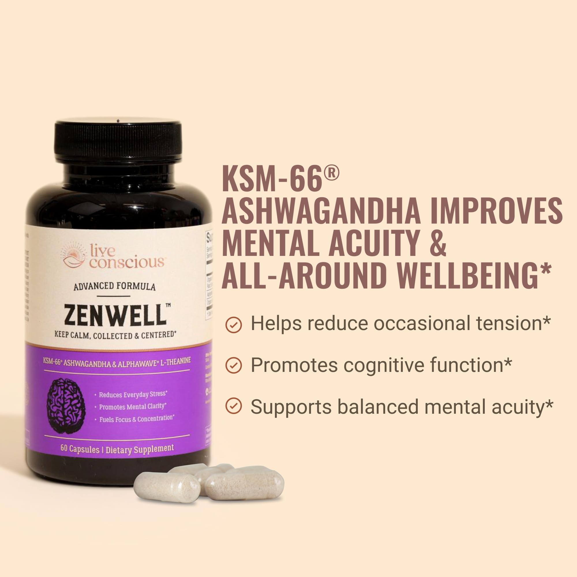 Live Conscious KSM-66 Ashwagandha Supplement w/L Theanine & AlphaWave - ZenWell Everyday Stress Relief, Cognitive, Brain Health