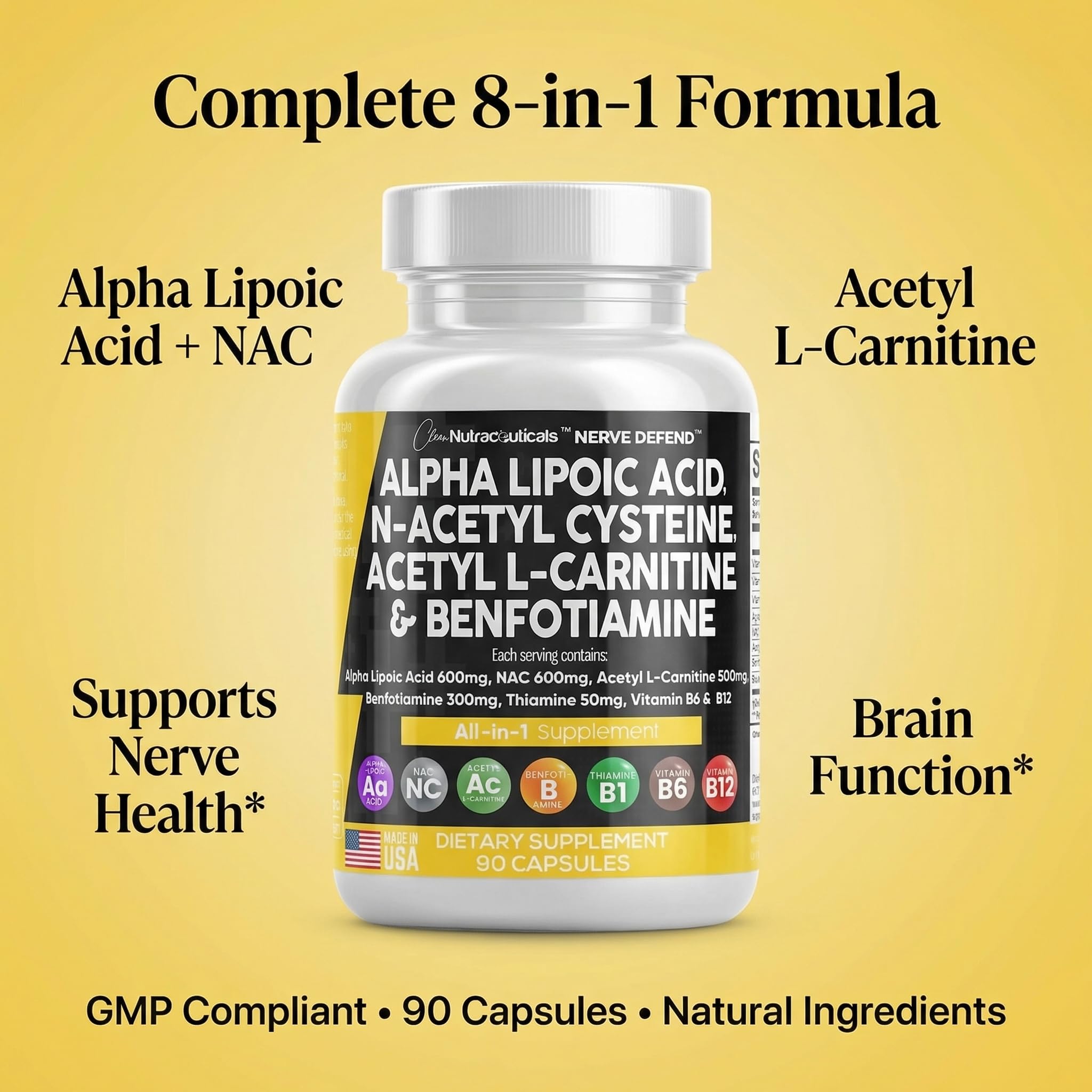 Alpha Lipoic Acid 600mg N-Acetyl Cysteine 600mg Acetyl L-Carnitine 500mg Benfotiamine 300mg - Nerve Support Supplement for Women and Men