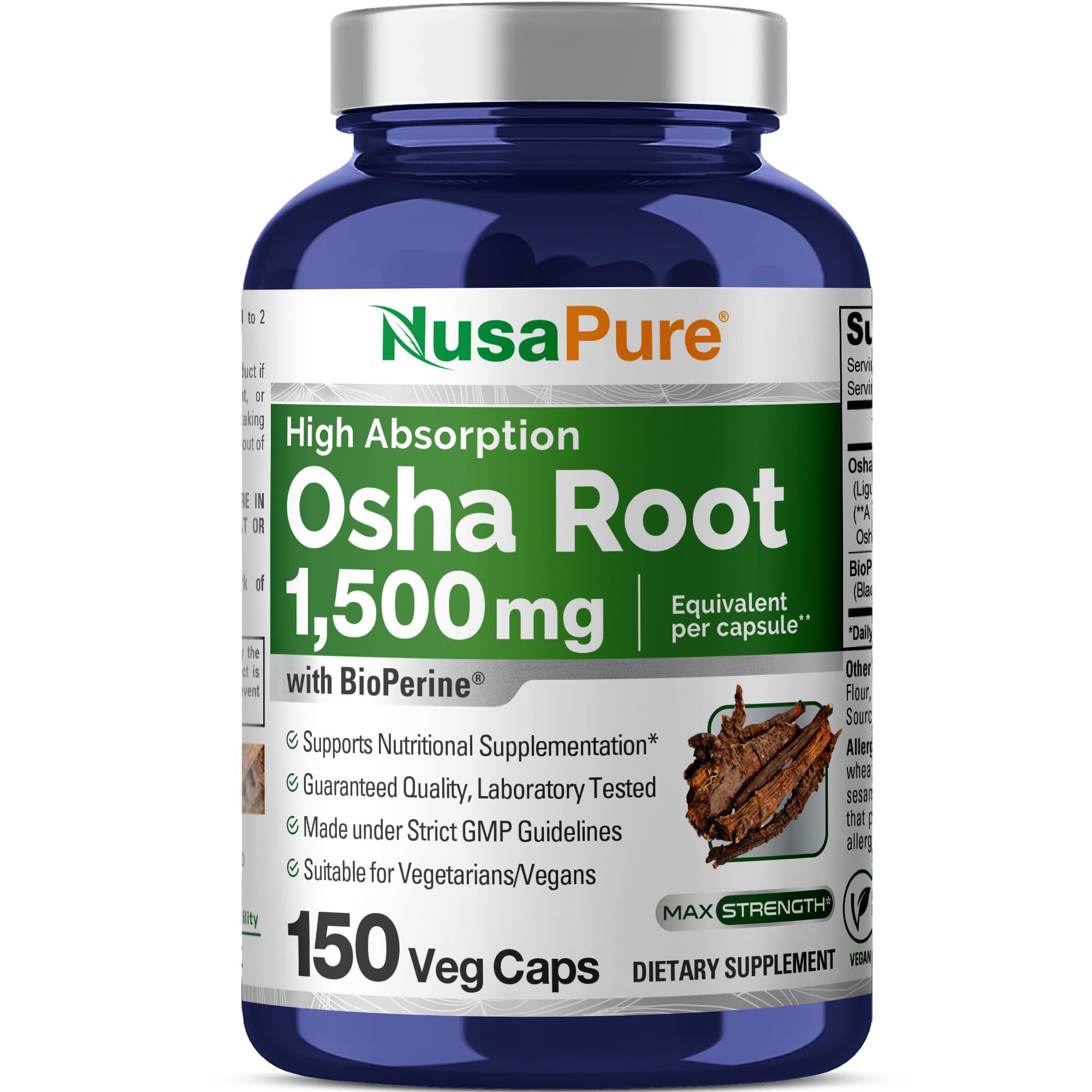 NusaPure OSHA Root Extract 1500 mg per Vegan Caps - 150 Count (10:1 Extract, Non-GMO, Vegan, Bioperine) Ligusticum Porteri NusaPure Au supplements