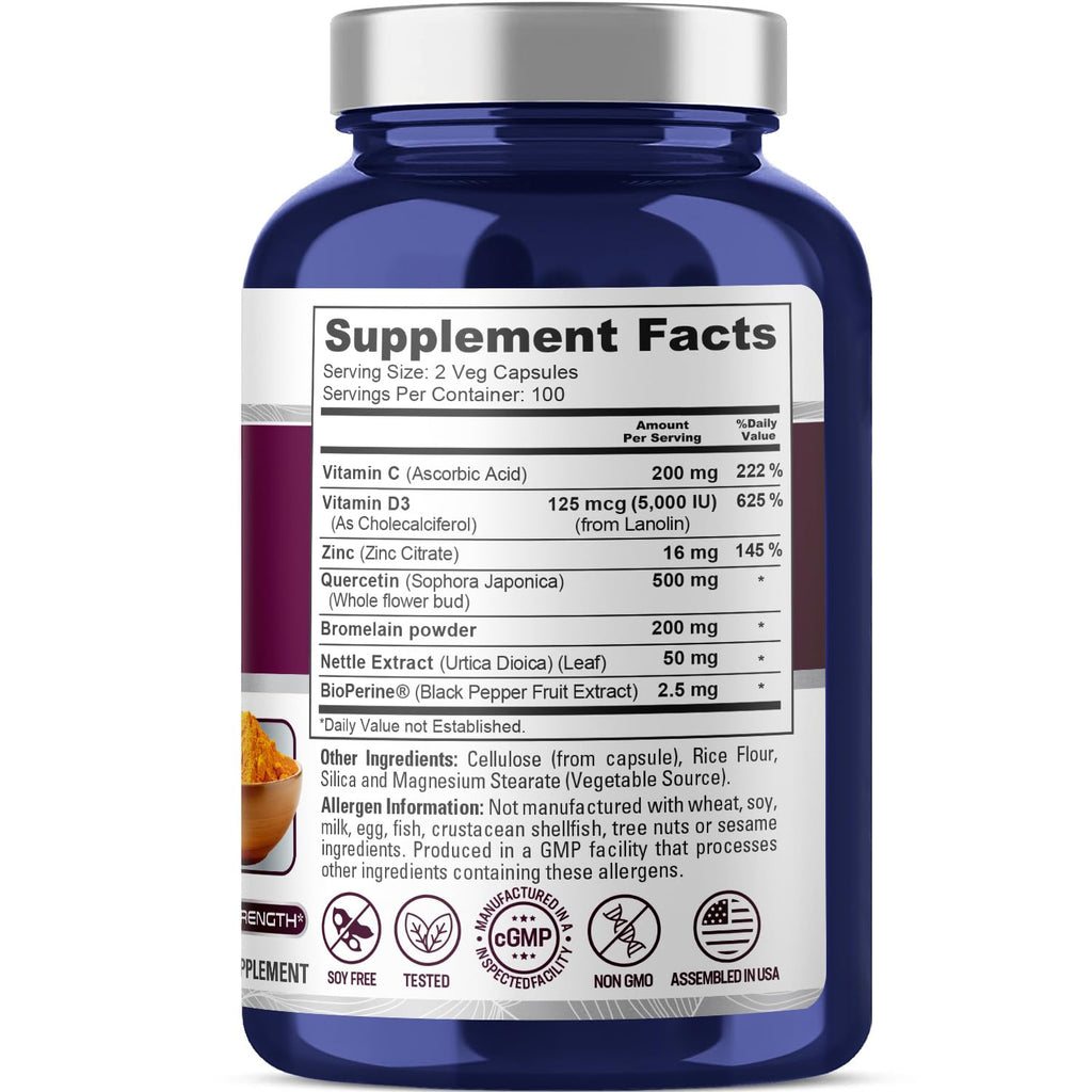 NusaPure Quercetin Complex: Bromelain, Vitamin C, Vitamin D3, Stinging Nettle, Zinc | 200 Veggie Caps (Non-GMO, Bioperine) NusaPure Au supplements